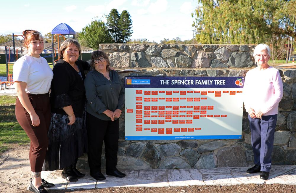 Caption – Spencer family descendents Georgia Teale, City of Gosnells Mayor Terresa  Lynes, Glenis Cruickshank and Valerie Fieldgate find their ancestors on the Spencer  family tree recently installed at Oak Tree Court in Langford