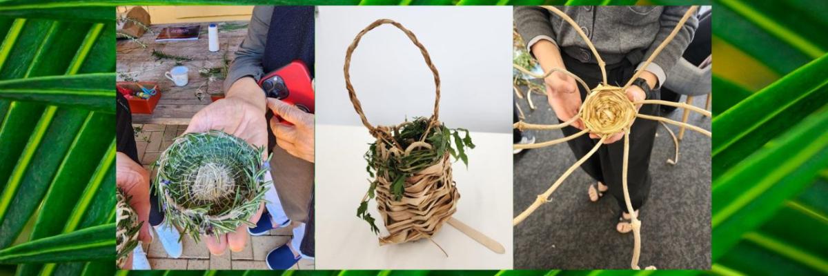 Three images of hand-woven baskets, against a background of lush green fronds