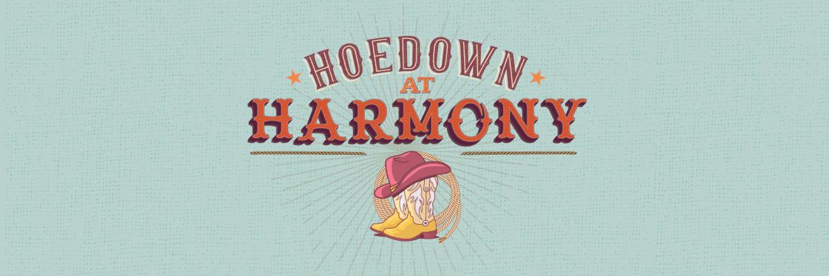 Icon with Hoedown at Harmony written with a cowboy boot icon