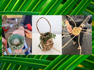 Three images of hand-woven baskets, against a background of lush green fronds